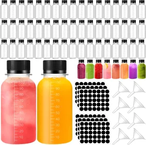 Roshtia 100 Pcs 3 oz Plastic Juice Bottle with Caps for Liquids Reusable Clear Ginger Shots Bottles Bulk Mini Jars with Lids with Scale and 3 Labels 15 Pcs Funnel for Juice Ginger Sauce Travel