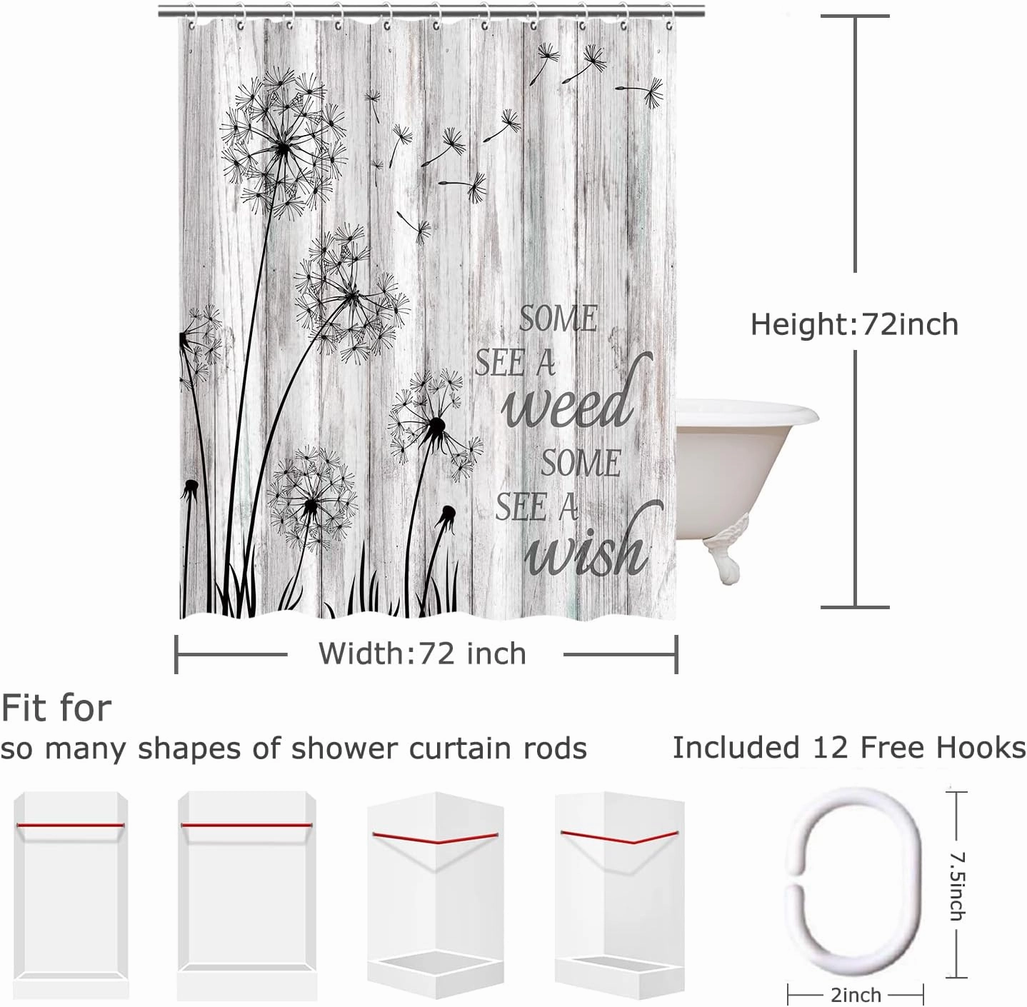 RosieLily Rustic Shower Curtain, Dandelion Wish Shower Curtain, Farmhouse Country Board Shower Curtains Set, Farm Gray Floral Plant Weed Woodland, 72W x 72H inch Shower Curtains with Hooks