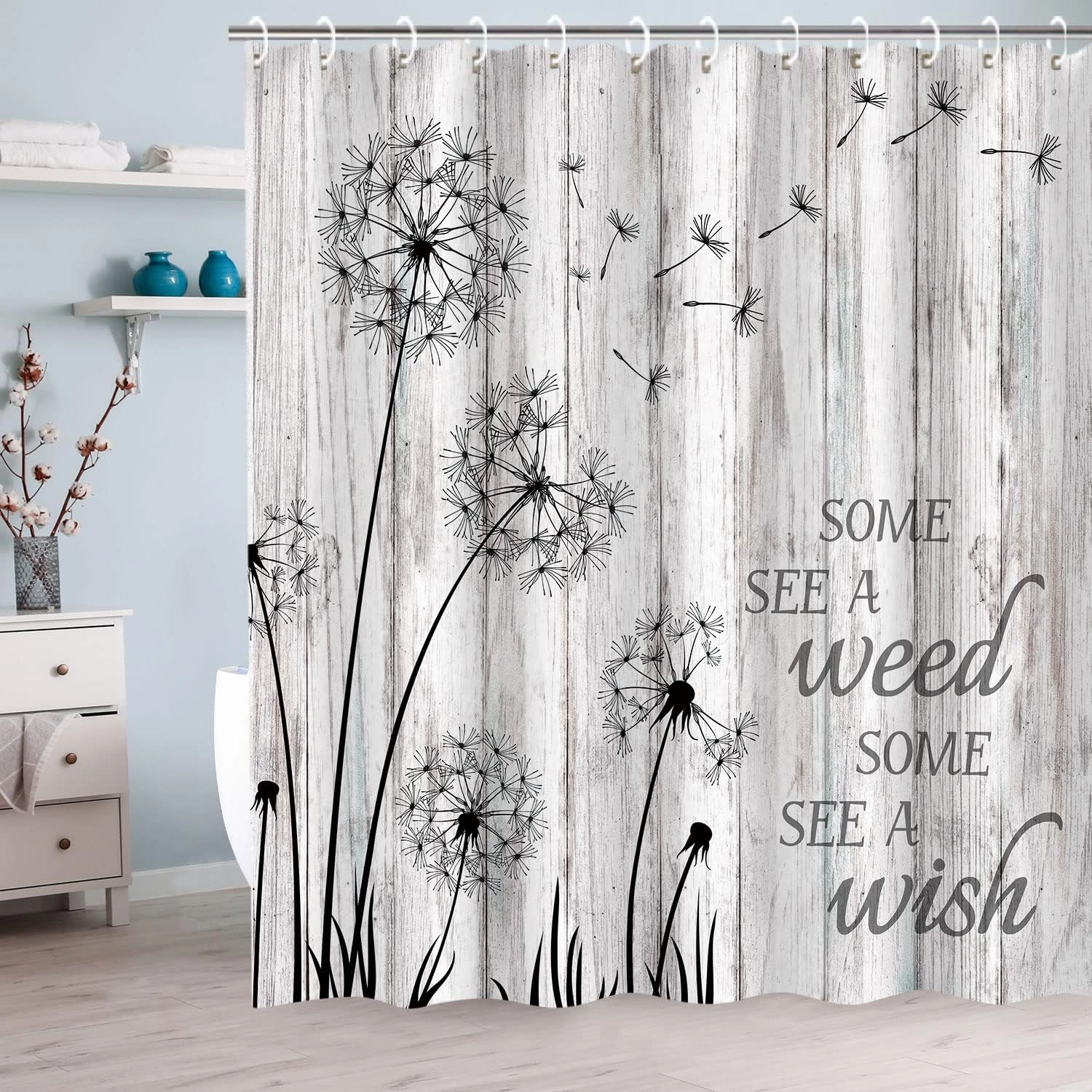 RosieLily Rustic Shower Curtain, Dandelion Wish Shower Curtain, Farmhouse Country Board Shower Curtains Set, Farm Gray Floral Plant Weed Woodland, 72W x 72H inch Shower Curtains with Hooks