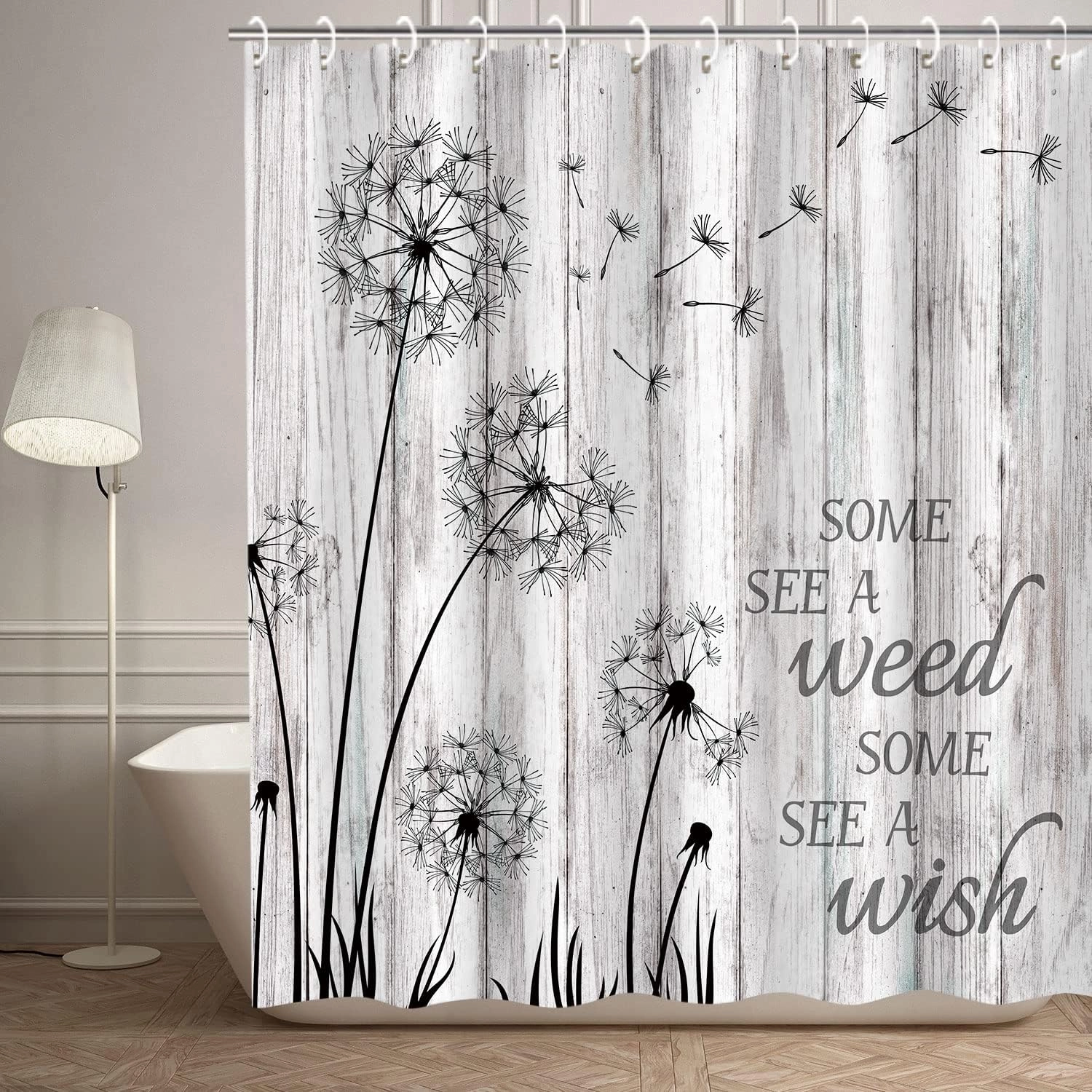 RosieLily Rustic Shower Curtain, Dandelion Wish Shower Curtain, Farmhouse Country Board Shower Curtains Set, Farm Gray Floral Plant Weed Woodland, 72W x 72H inch Shower Curtains with Hooks