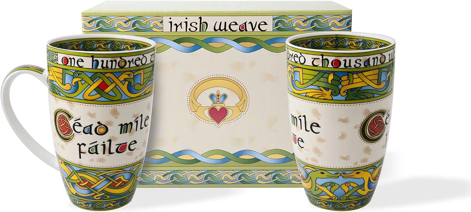 Royal Tara Irish Cead Mile Failte Mug Set of Two in a matching Gift Box from the Irish Weave Collection, Capacity is 400 ml/14 fl oz