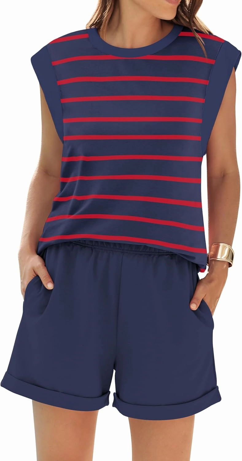 RUBZOOF 2 Piece Outfits for Women Lightweight Matching Lounge Sets Cap Sleeve Top and Elastic Waisted Shorts
