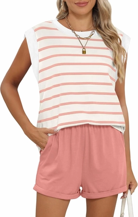 RUBZOOF 2 Piece Outfits for Women Lightweight Matching Lounge Sets Cap Sleeve Top and Elastic Waisted Shorts