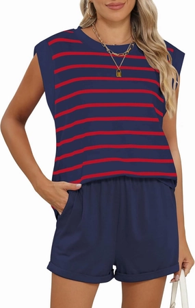 RUBZOOF 2 Piece Outfits for Women Lightweight Matching Lounge Sets Cap Sleeve Top and Elastic Waisted Shorts