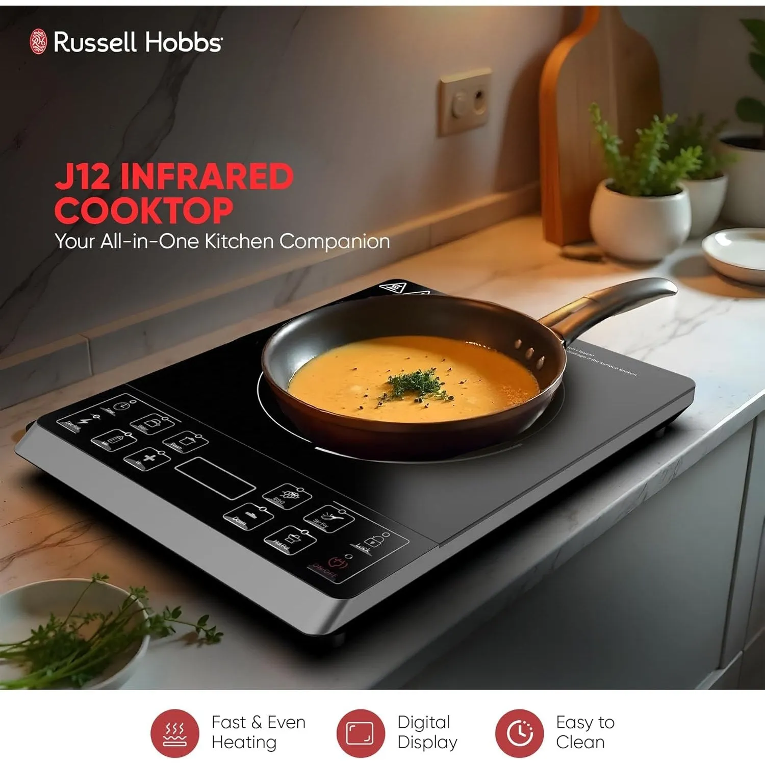 Russell Hobbs J12 Infrared Cooktop 2000W with LED Display Infrared Cooker, 8 Temperature Settings, 3hrs Programmable Timer- Black