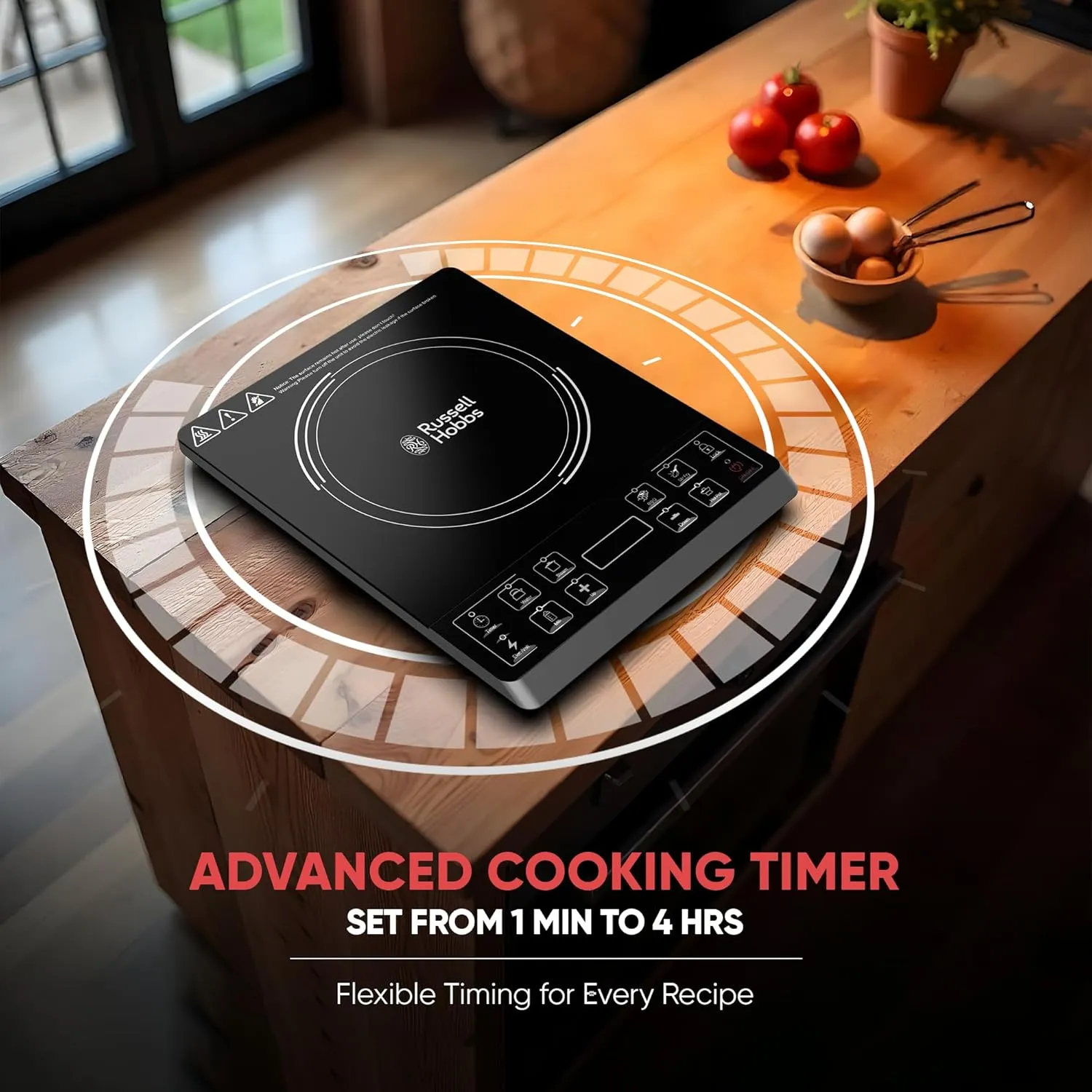 Russell Hobbs J12 Infrared Cooktop 2000W with LED Display Infrared Cooker, 8 Temperature Settings, 3hrs Programmable Timer- Black