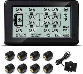 RV Tire Pressure Monitoring System, Trailer TPMS with 10 Theft Sensors, 6 Alert Modes, Solar Power Tire Pressure Monitor, 80ft Sensing Distance, Up to 14 Tires, for RV, Trailers, Heavy Trucks