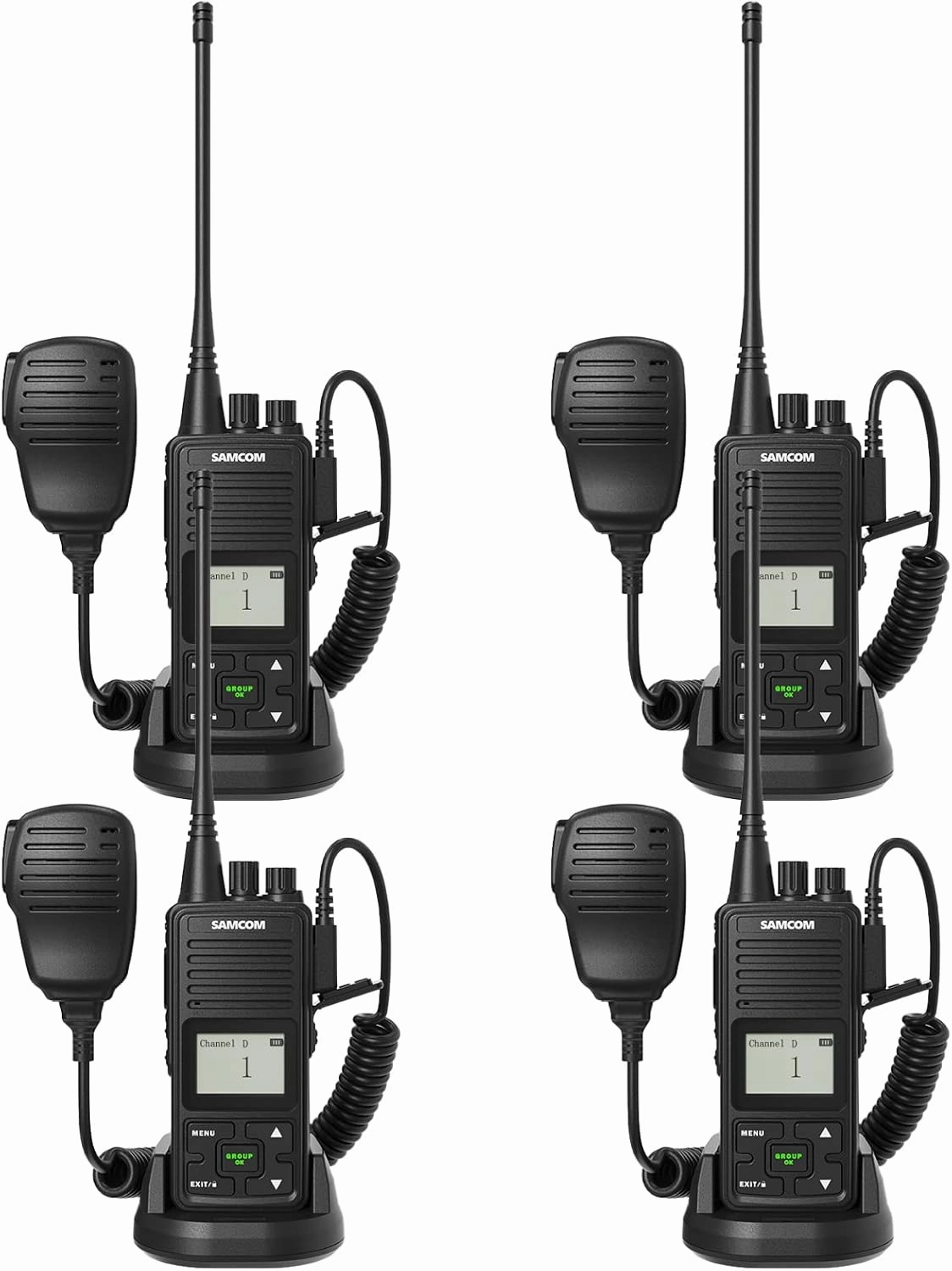 SAMCOM FPCN10A Professional UHF Walkie Talkies with 3000mAh High Power Battery & Speaker Mic (4 Pack) - Group Call Long Range Two-Way Radios for Hospitality, Construction, Outdoor Teams