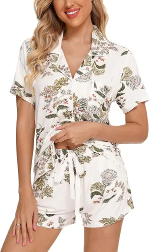 Samring Womens Pajamas Set Short Sleeve Sleepwear Button Down Nightwear Shorts Soft Pj Sets S-XXL