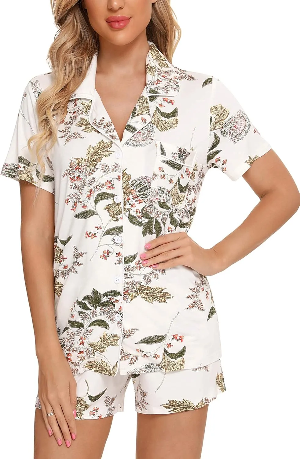 Samring Womens Pajamas Set Short Sleeve Sleepwear Button Down Nightwear Shorts Soft Pj Sets S-XXL