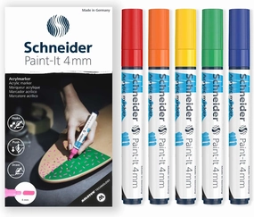Schneider Paint-It 320 Acrylic Marker Pen Set - 4mm Round Bullet Tip - High Coverage - Gift Box Pack of 5 Pens (Essential)