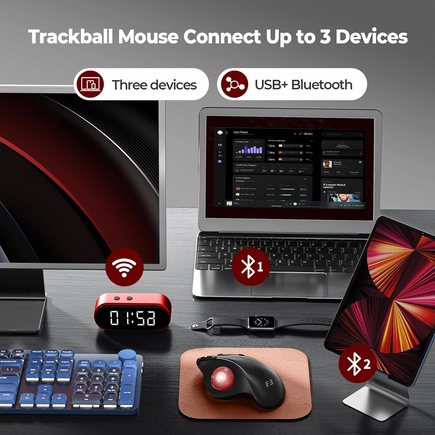 seenda Wireless Trackball Mouse, Ergonomic Mouse Bluetooth - Rollerball Mouse Rechargeable, Multi Devices Connection Thumb Control Mouse Compatible for Mac/Android/Windows Computers - Black&Red