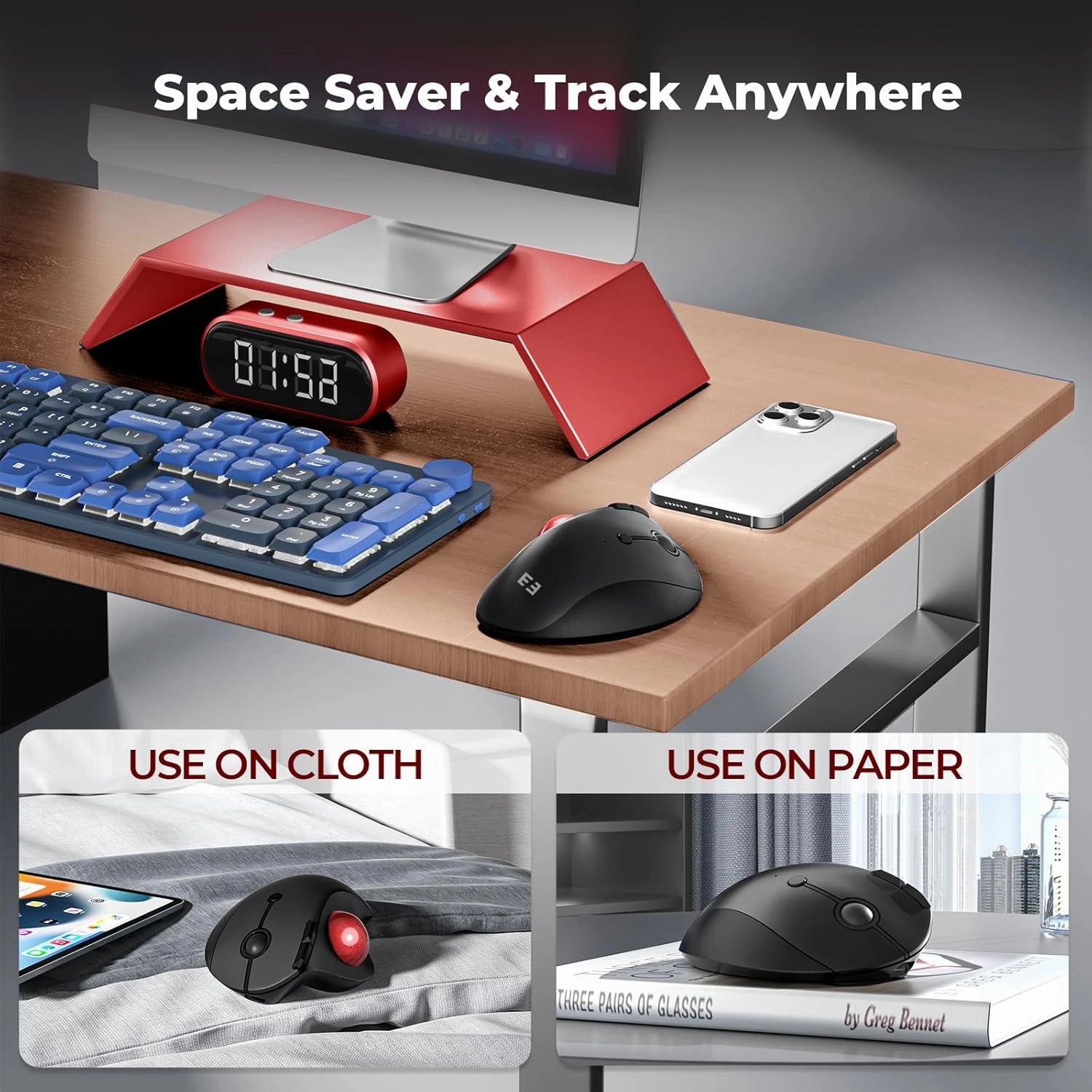 seenda Wireless Trackball Mouse, Ergonomic Mouse Bluetooth - Rollerball Mouse Rechargeable, Multi Devices Connection Thumb Control Mouse Compatible for Mac/Android/Windows Computers - Black&Red