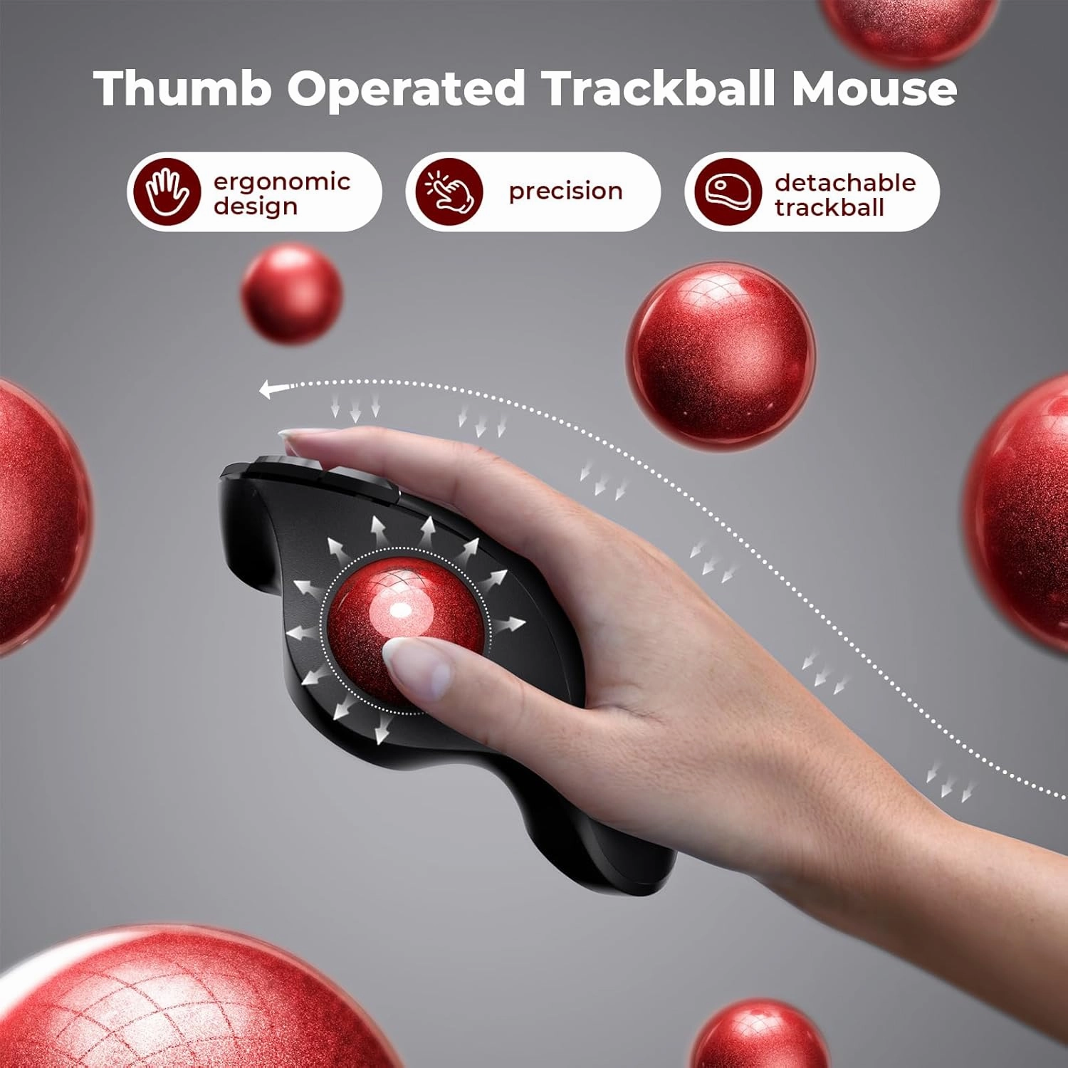 seenda Wireless Trackball Mouse, Ergonomic Mouse Bluetooth - Rollerball Mouse Rechargeable, Multi Devices Connection Thumb Control Mouse Compatible for Mac/Android/Windows Computers - Black&Red