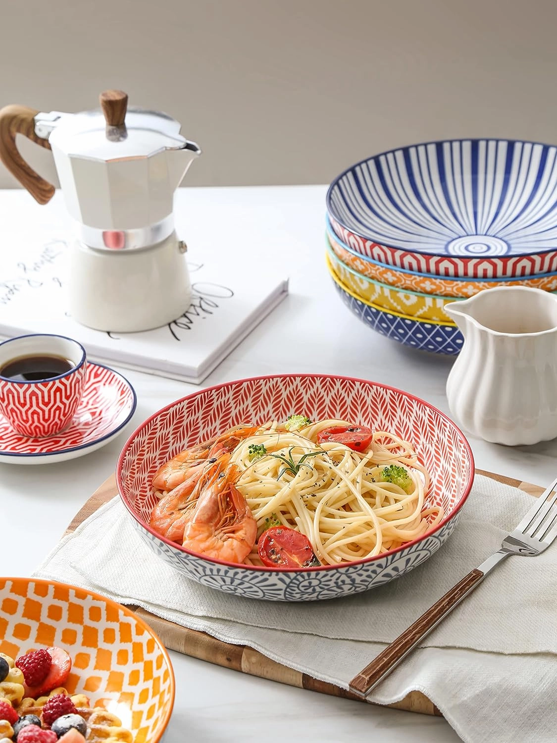 Selamica Porcelain 26 Ounce Pasta Bowls Set of 6, 8 inch Wide and Shallow Salad Bowls, Serving Bowls, Microwave & Dishwasher Safe, Sturdy & Stackable, Variety of Colors