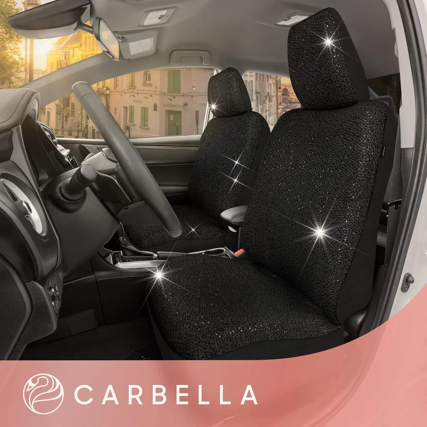 Sequin Tweed Bling Car Seat Covers, 2 Pack Beige Seat Covers for Cars with Shiny Bling Detail, Cute Automotive Interior Protectors for Trucks Van SUV, Car Accessories for Women