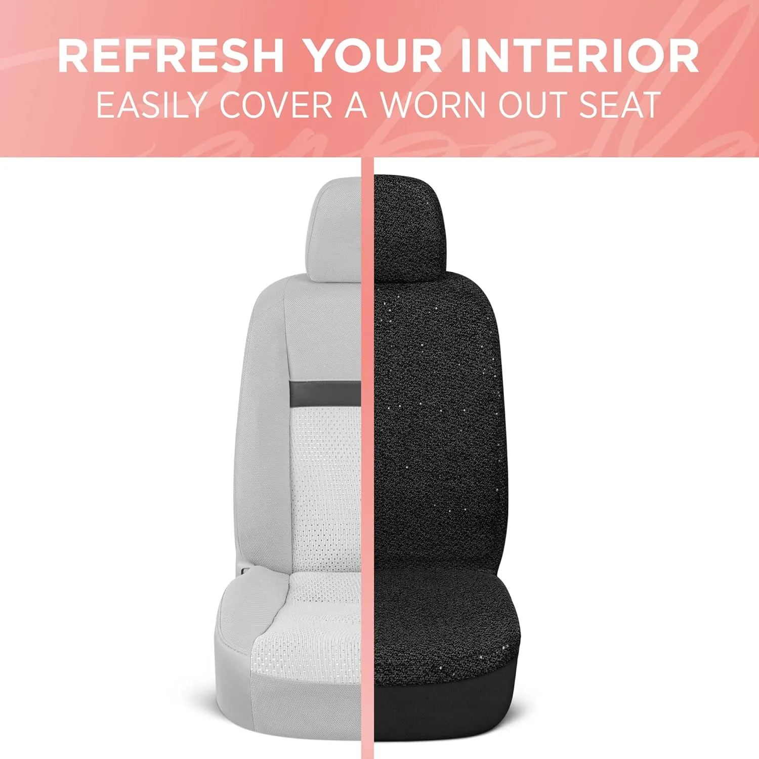 Sequin Tweed Bling Car Seat Covers, 2 Pack Beige Seat Covers for Cars with Shiny Bling Detail, Cute Automotive Interior Protectors for Trucks Van SUV, Car Accessories for Women
