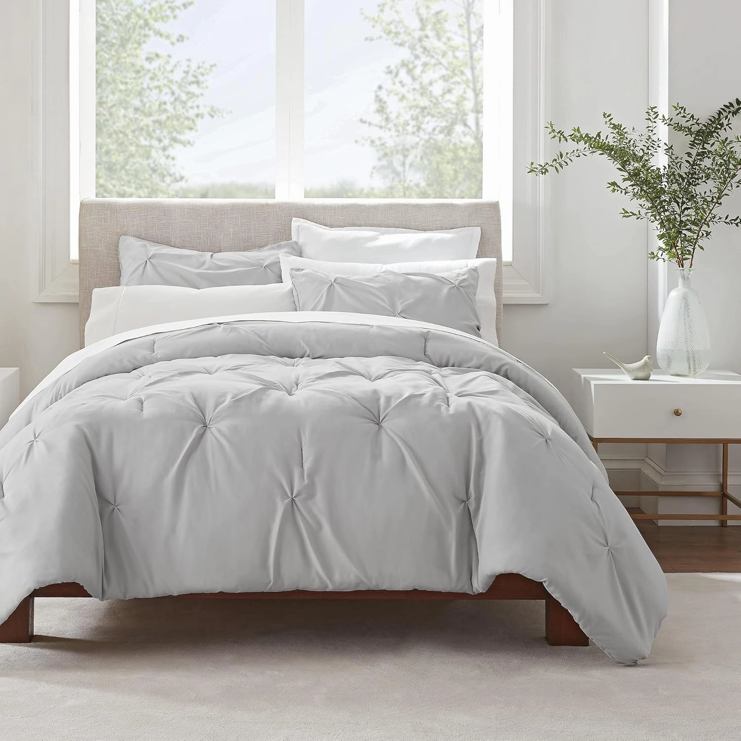 SERTA Simply Clean Soft Lightweight Pleated 3 Piece Hypoallergenic Comforter Set, Full/Queen, Grey