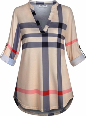 SeSe Code Womens 3/4 Roll Sleeve Plaid Shirt Business Casual Blouses and Tops Dressy for Work