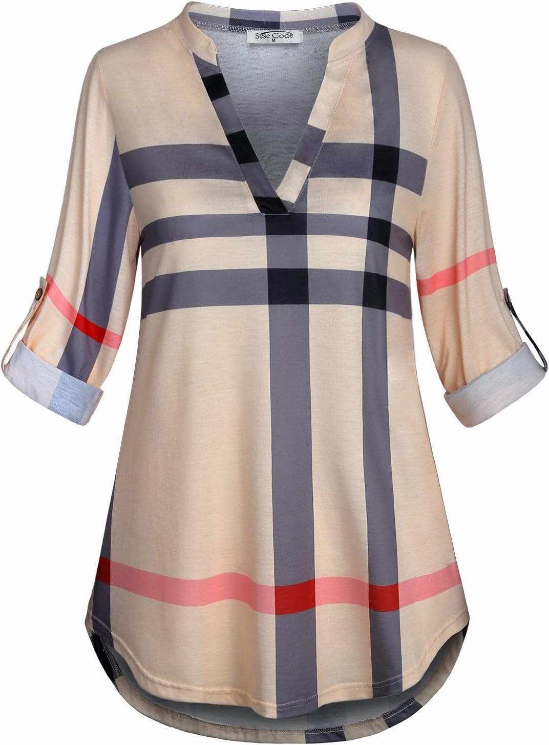 SeSe Code Womens 3/4 Roll Sleeve Plaid Shirt Business Casual Blouses and Tops Dressy for Work