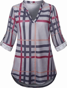 SeSe Code Womens 3/4 Roll Sleeve Plaid Shirt Business Casual Blouses and Tops Dressy for Work