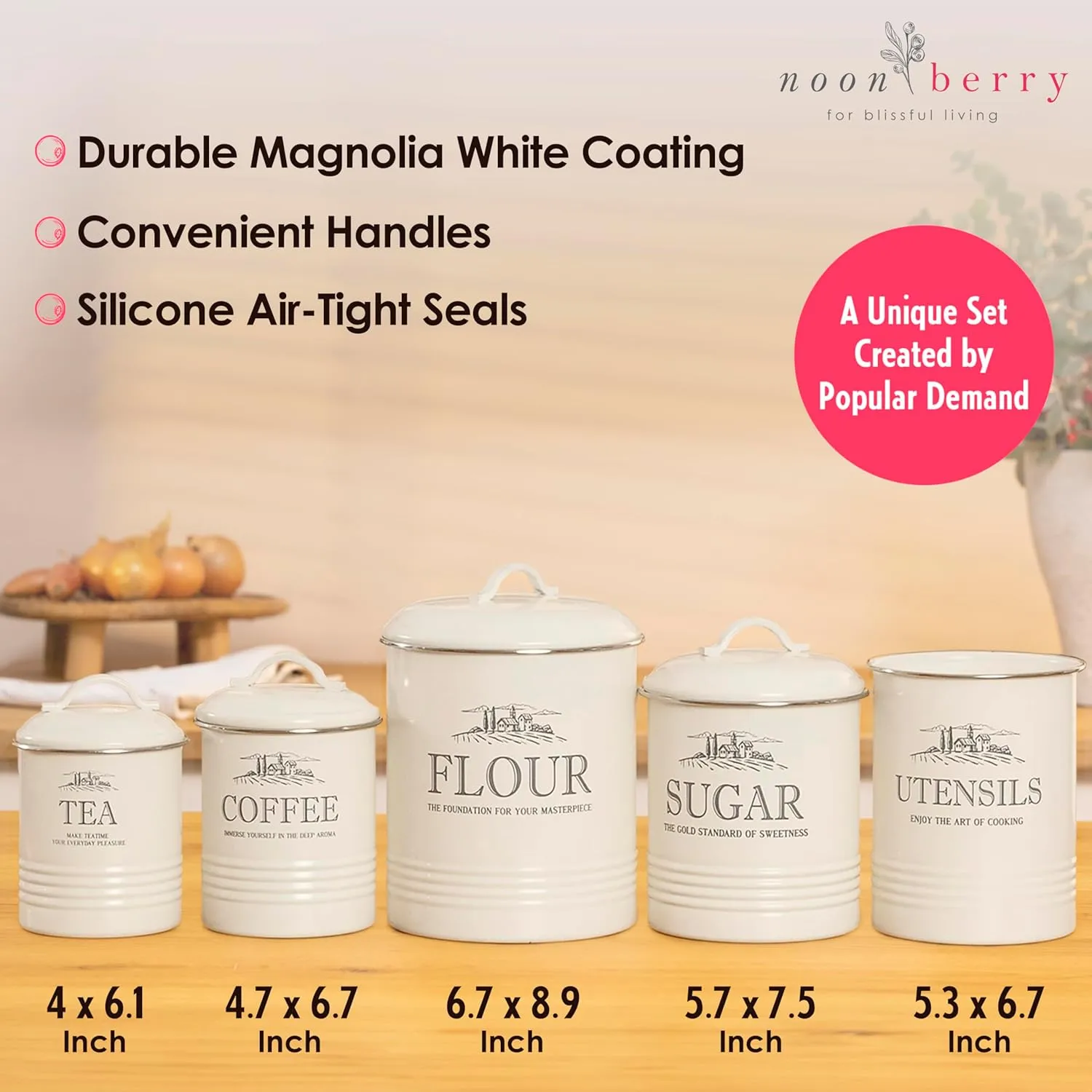 Set of 5 Canisters for Kitchen Counter, White Containers, Airtight Coffee Tea Flour Sugar Canisters Set & Utensil Holder for the Kitchen Countertop