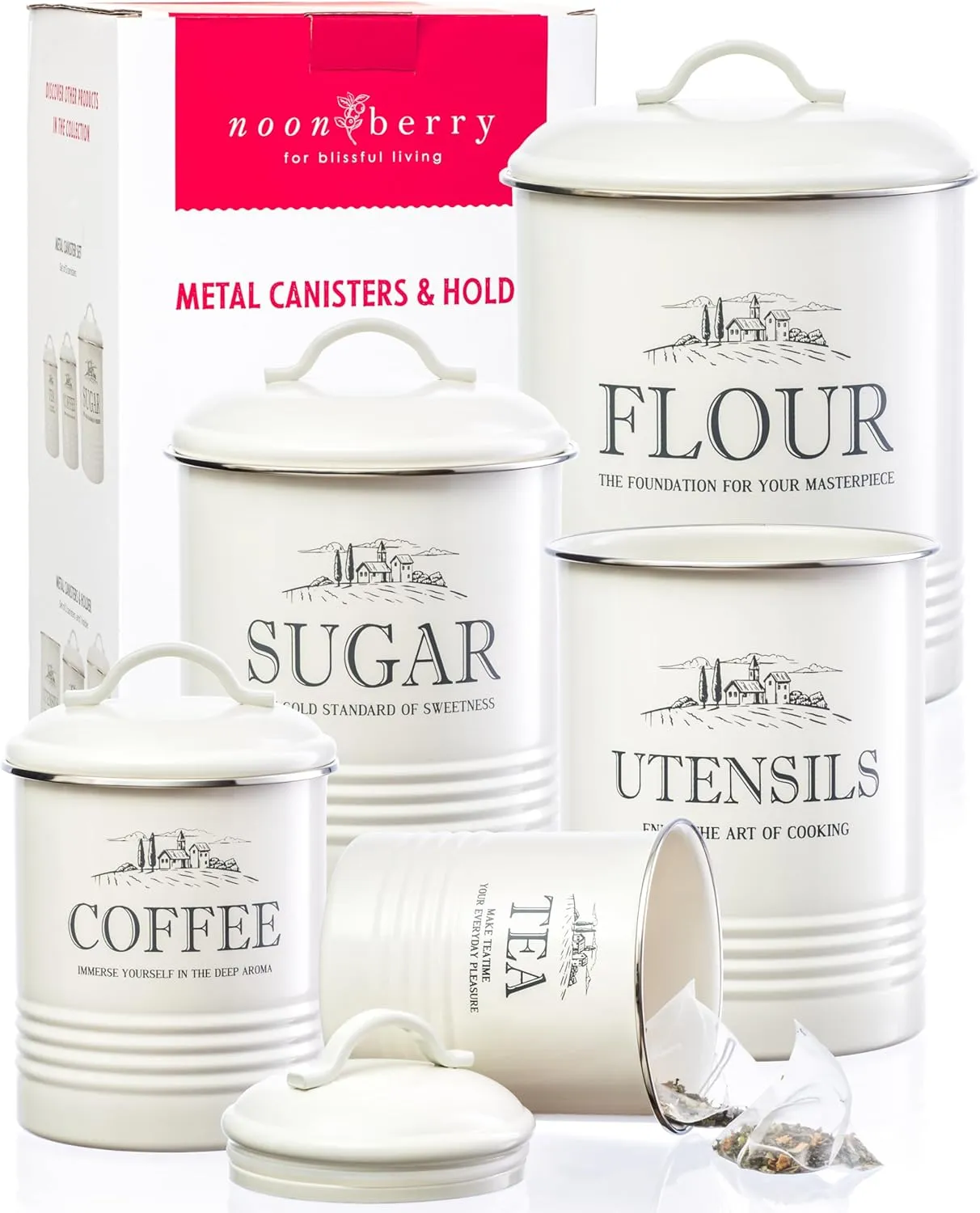 Set of 5 Canisters for Kitchen Counter, White Containers, Airtight Coffee Tea Flour Sugar Canisters Set & Utensil Holder for the Kitchen Countertop