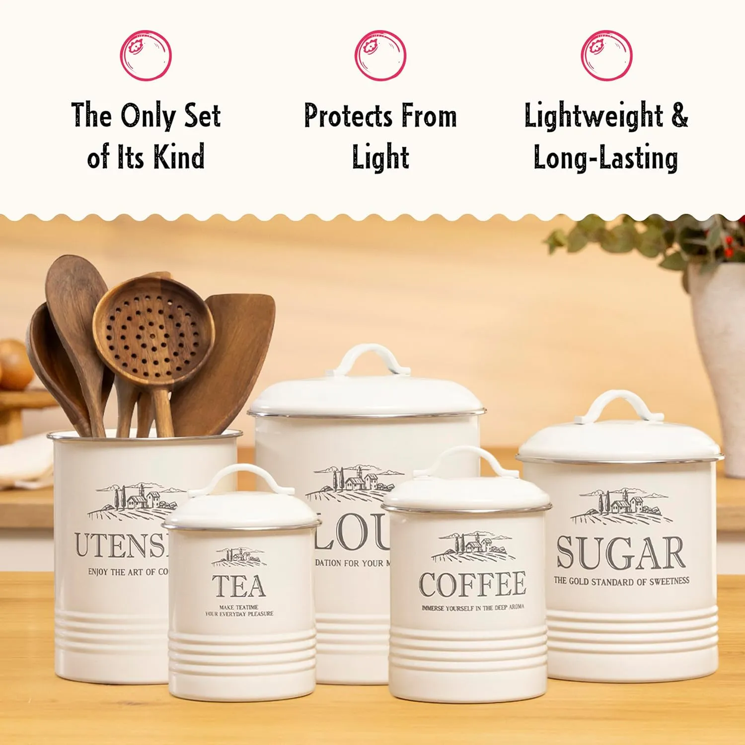 Set of 5 Canisters for Kitchen Counter, White Containers, Airtight Coffee Tea Flour Sugar Canisters Set & Utensil Holder for the Kitchen Countertop