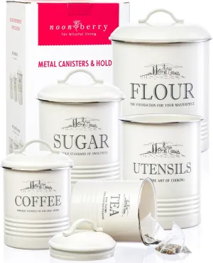 Set of 5 Canisters for Kitchen Counter, White Containers, Airtight Coffee Tea Flour Sugar Canisters Set & Utensil Holder for the Kitchen Countertop