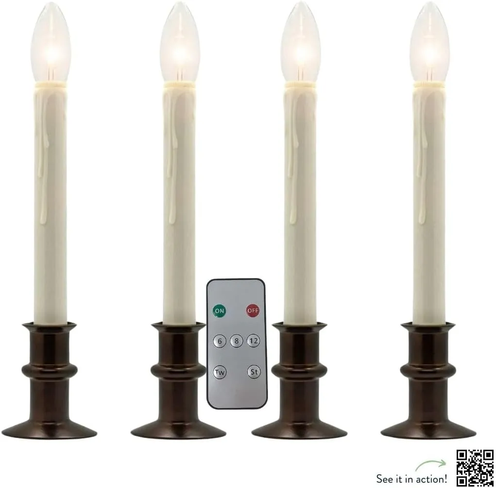 Set of Four Battery Operated Remote Programmable Window Hugger Candle for Narrow Window Sills Daily Timer Choose 6, 8, or 10 Hours Flicker or Steady (Antique Bronze)
