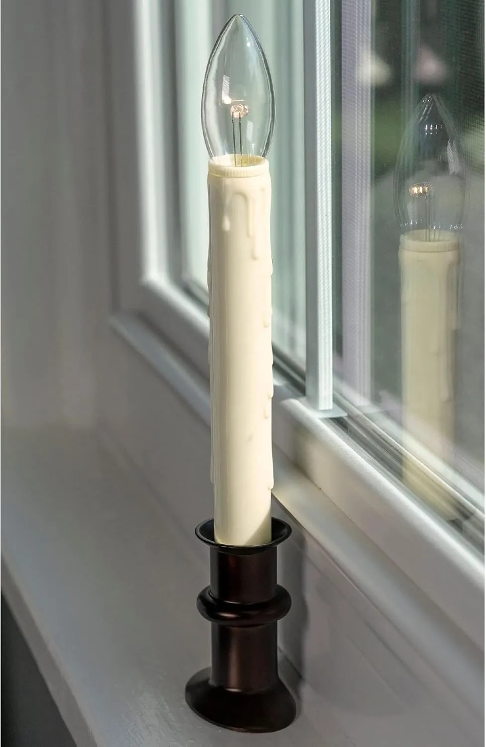 Set of Four Battery Operated Remote Programmable Window Hugger Candle for Narrow Window Sills Daily Timer Choose 6, 8, or 10 Hours Flicker or Steady (Antique Bronze)