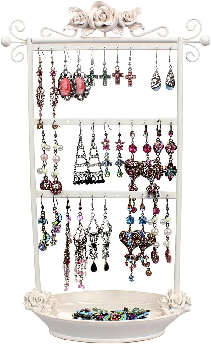 Shabby Chic Earring Holder Organizer Rack - Display Girls Hanging Jewelry on Metal Stand with Vanity Ring Dish Tray, Ivory Rose