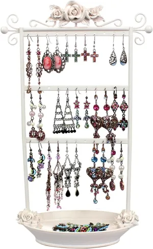 Shabby Chic Earring Holder Organizer Rack - Display Girls Hanging Jewelry on Metal Stand with Vanity Ring Dish Tray, Ivory Rose