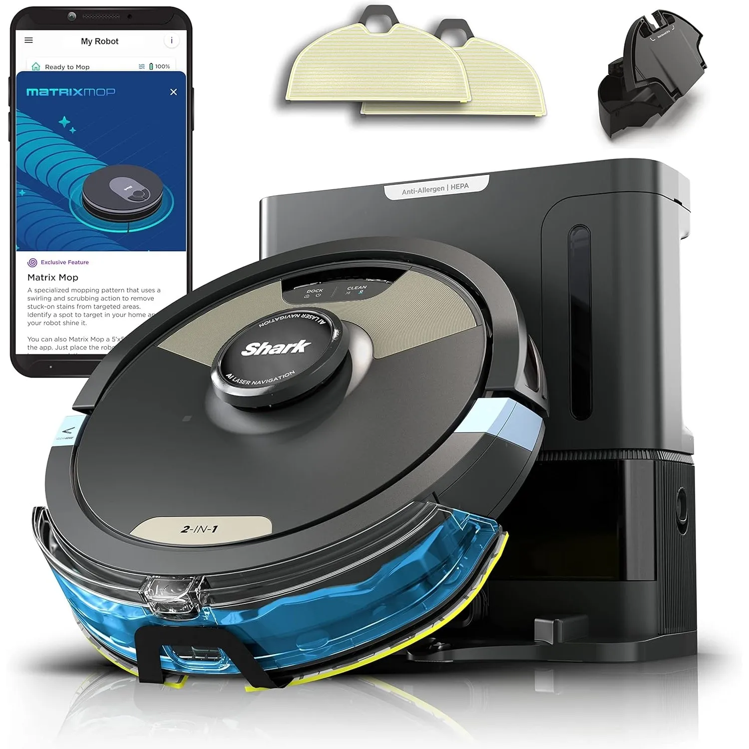 Shark Matrix Plus 2in1 Robot Vacuum & Mop with Sonic Mopping, Matrix Clean, Home Mapping, HEPA Bagless Self Empty Base, CleanEdge, for Pet Hair, Wifi, Black/Gold (AV2610WA)