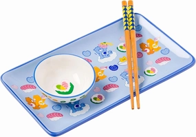 Silver Buffalo Care Bears Featuring Grumpy, Tenderheart, and Friend Bear Ramen Blue Ceramic Sushi Set with Dipping Sauce Dish and Matching Chopsticks