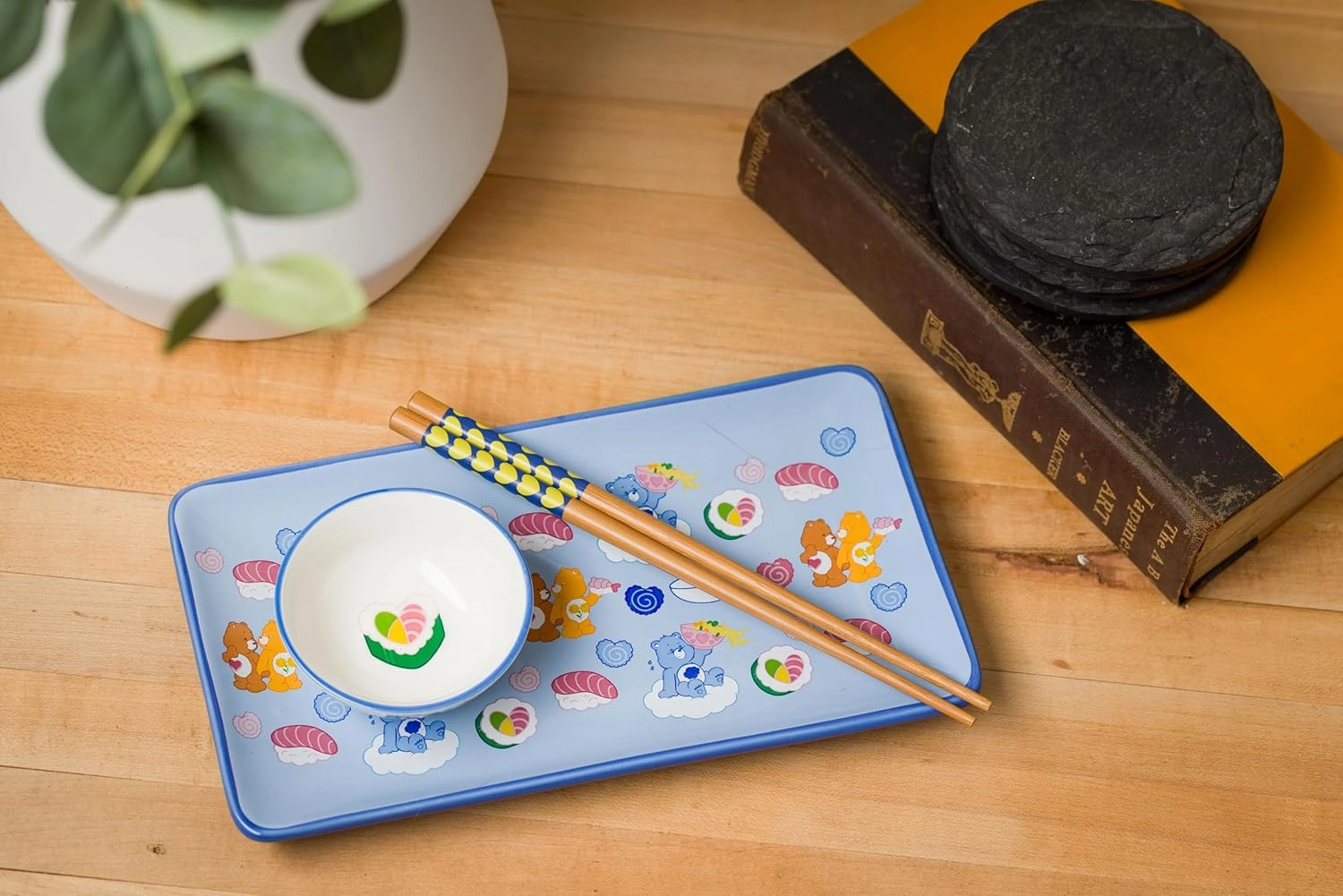 Silver Buffalo Care Bears Featuring Grumpy, Tenderheart, and Friend Bear Ramen Blue Ceramic Sushi Set with Dipping Sauce Dish and Matching Chopsticks