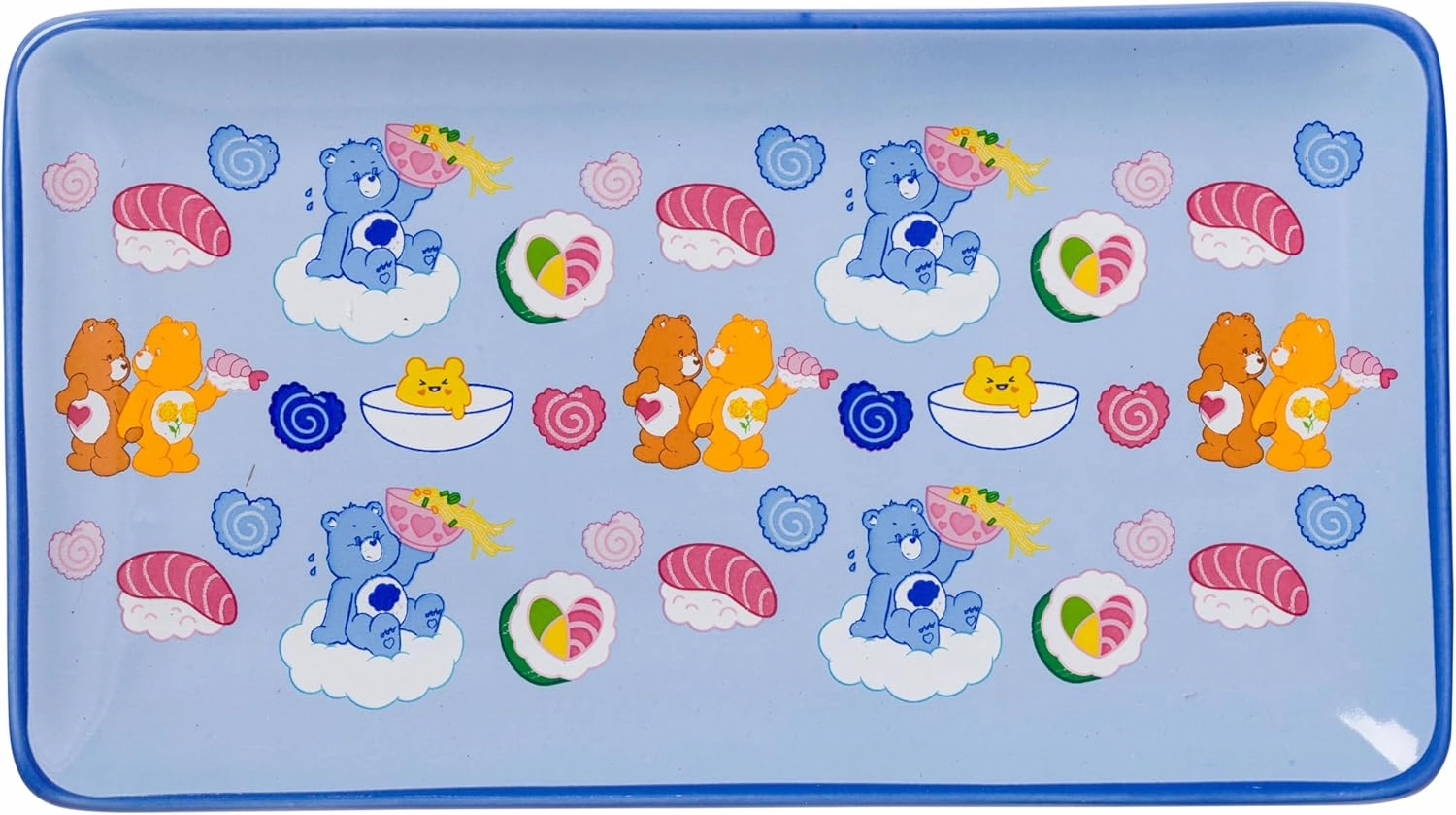 Silver Buffalo Care Bears Featuring Grumpy, Tenderheart, and Friend Bear Ramen Blue Ceramic Sushi Set with Dipping Sauce Dish and Matching Chopsticks