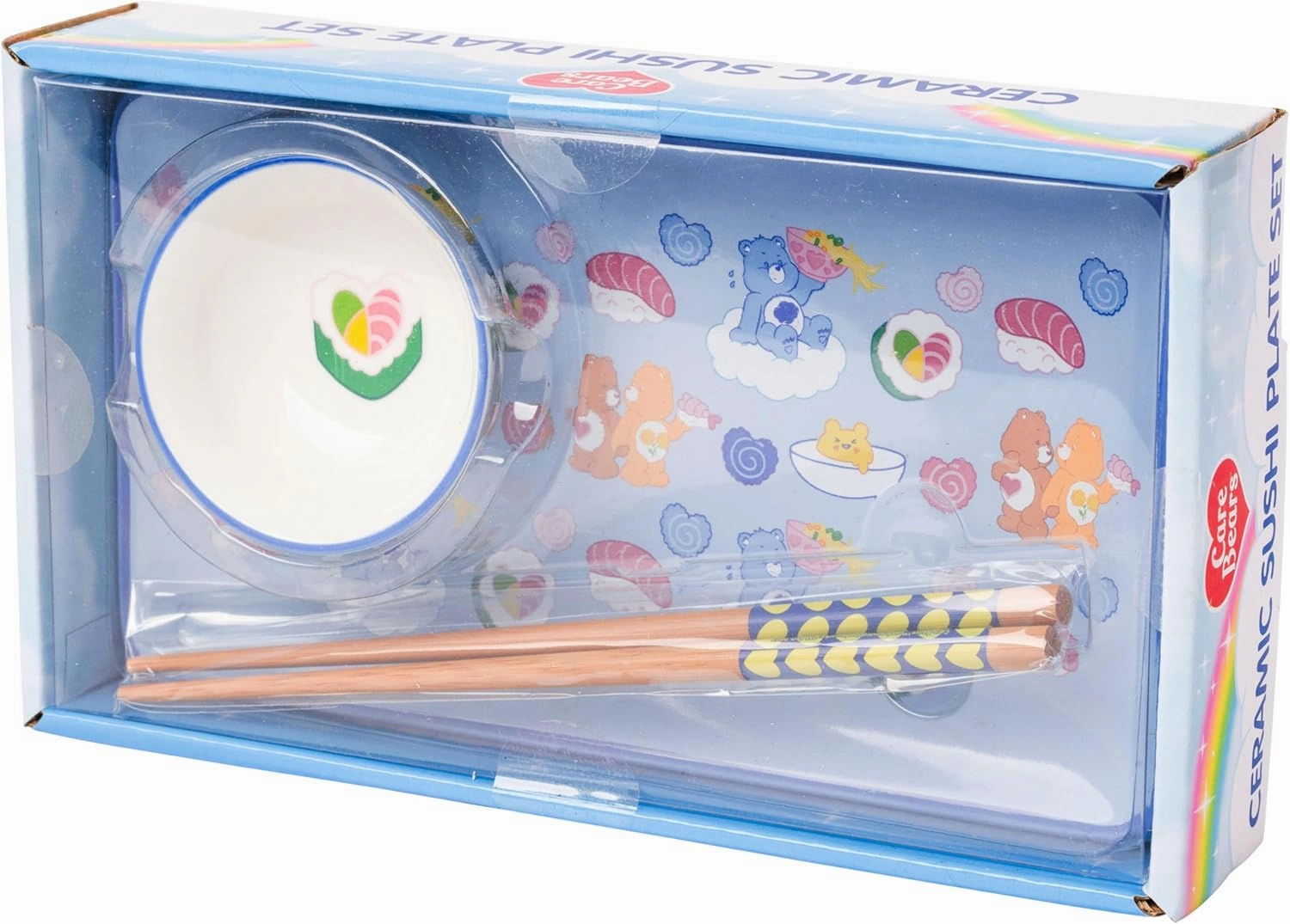 Silver Buffalo Care Bears Featuring Grumpy, Tenderheart, and Friend Bear Ramen Blue Ceramic Sushi Set with Dipping Sauce Dish and Matching Chopsticks