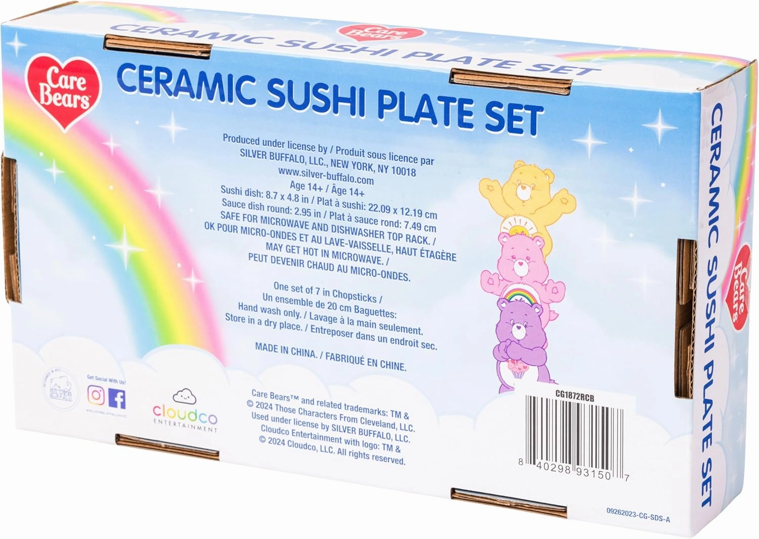 Silver Buffalo Care Bears Featuring Grumpy, Tenderheart, and Friend Bear Ramen Blue Ceramic Sushi Set with Dipping Sauce Dish and Matching Chopsticks