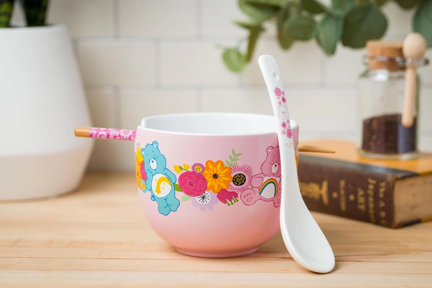 Silver Buffalo Care Bears Spring Floral Flowers Ceramic Ramen Noodle Rice Bowl with Chopsticks, Microwave Safe, 20 Ounces