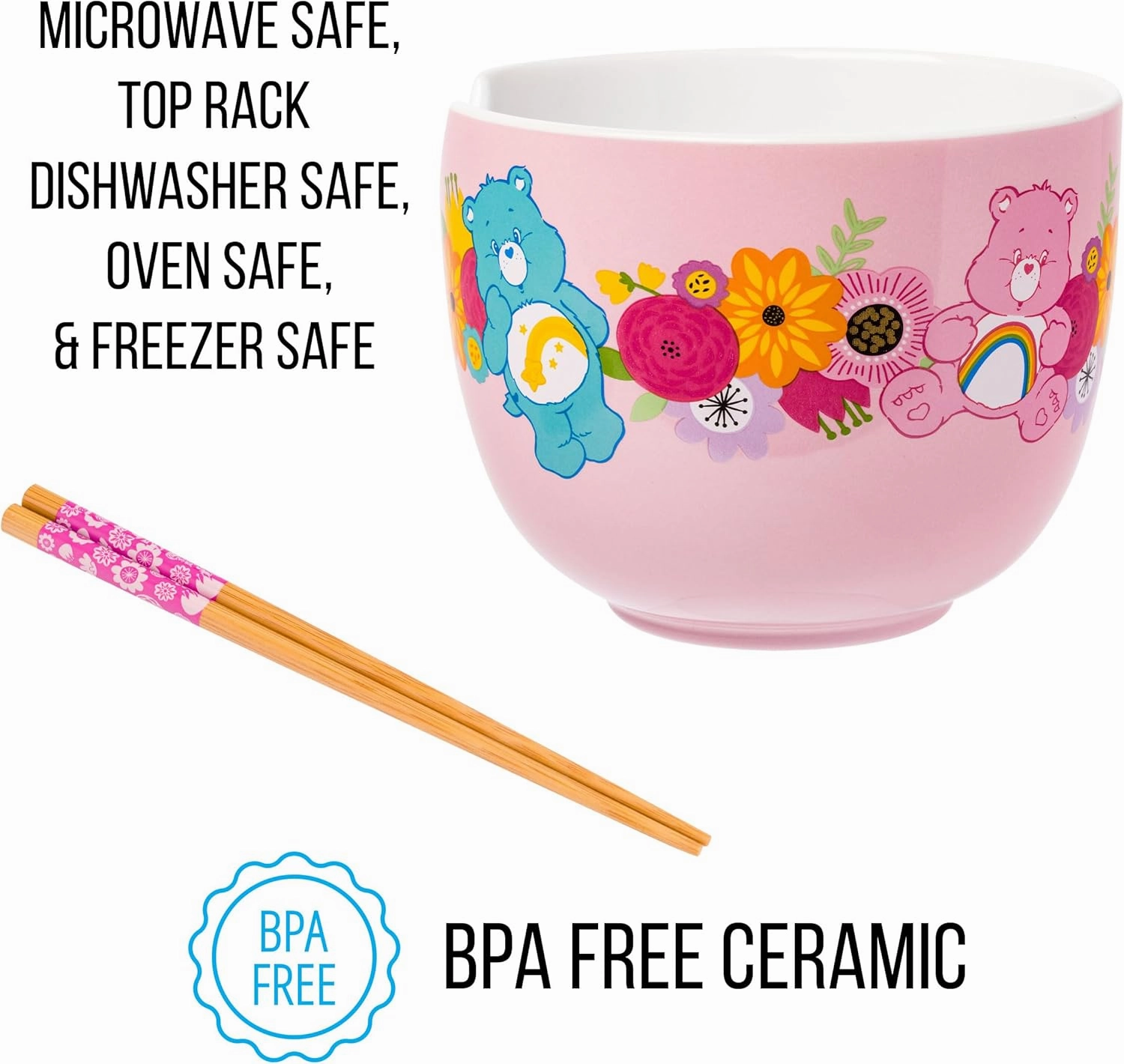 Silver Buffalo Care Bears Spring Floral Flowers Ceramic Ramen Noodle Rice Bowl with Chopsticks, Microwave Safe, 20 Ounces