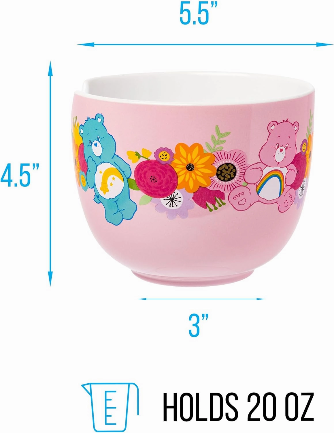 Silver Buffalo Care Bears Spring Floral Flowers Ceramic Ramen Noodle Rice Bowl with Chopsticks, Microwave Safe, 20 Ounces