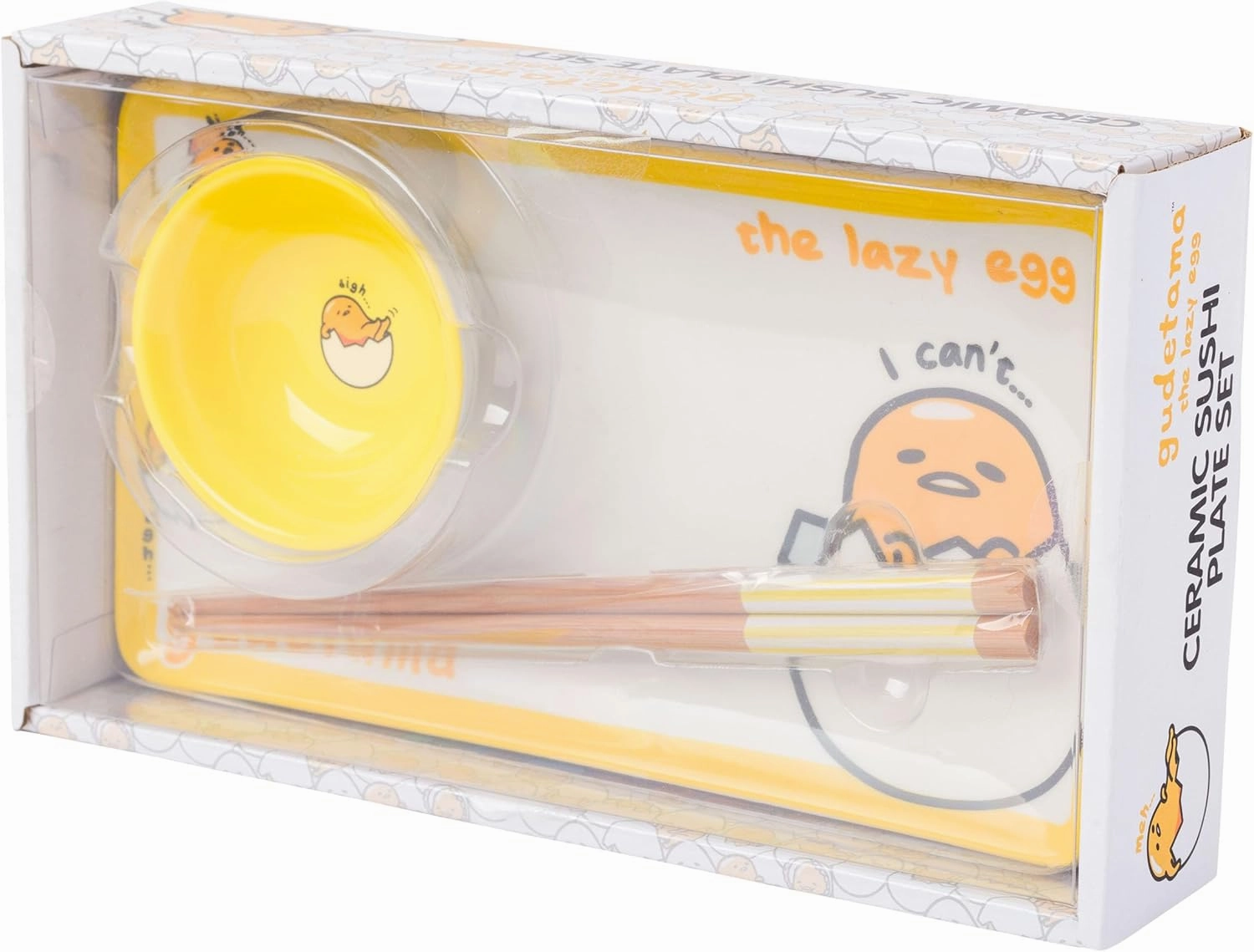 Silver Buffalo Sanrio Hello Kitty and Friends Gudetama Lazy Egg Sigh Yellow Ceramic Sushi Set with Dipping Sauce Dish and Matching Chopsticks