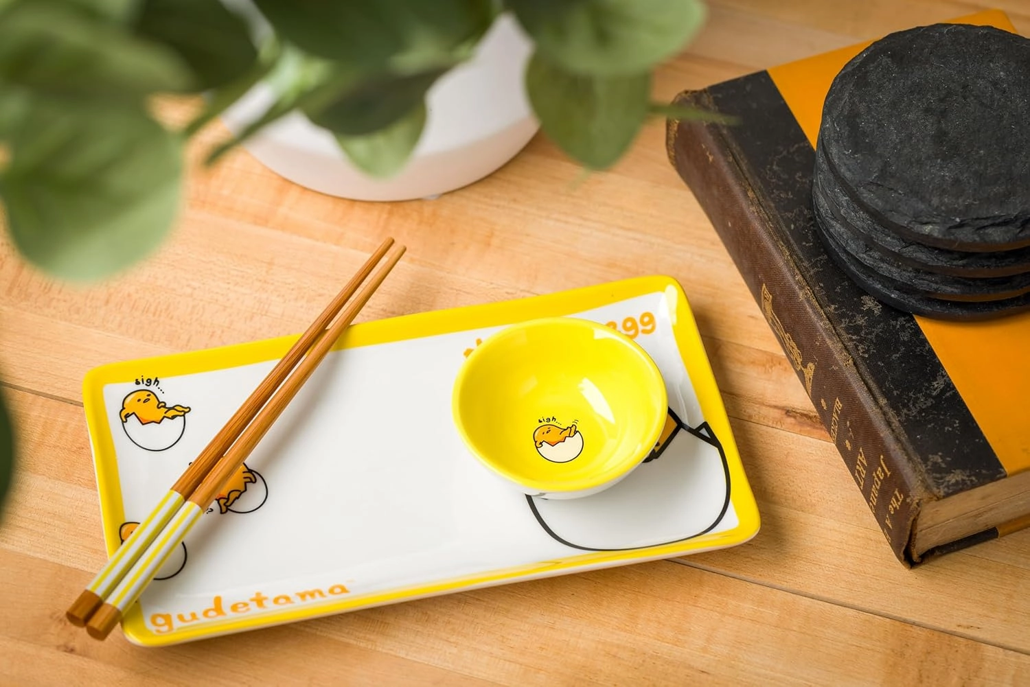 Silver Buffalo Sanrio Hello Kitty and Friends Gudetama Lazy Egg Sigh Yellow Ceramic Sushi Set with Dipping Sauce Dish and Matching Chopsticks