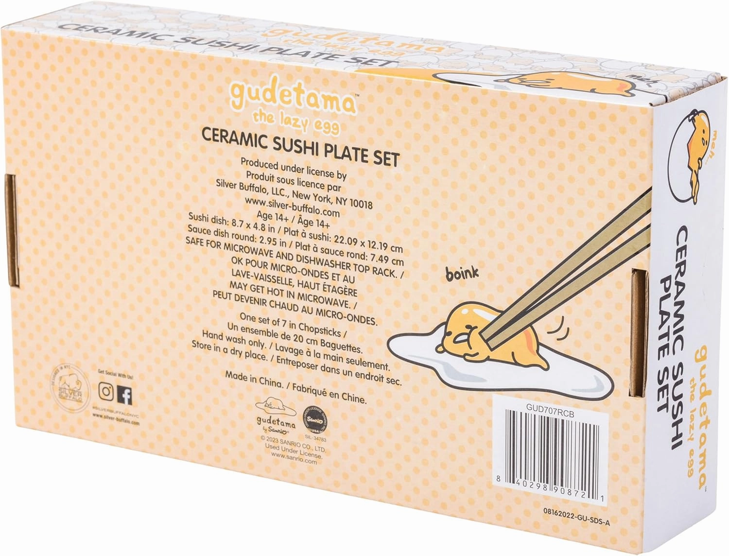 Silver Buffalo Sanrio Hello Kitty and Friends Gudetama Lazy Egg Sigh Yellow Ceramic Sushi Set with Dipping Sauce Dish and Matching Chopsticks