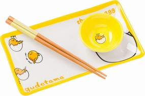 Silver Buffalo Sanrio Hello Kitty and Friends Gudetama Lazy Egg Sigh Yellow Ceramic Sushi Set with Dipping Sauce Dish and Matching Chopsticks