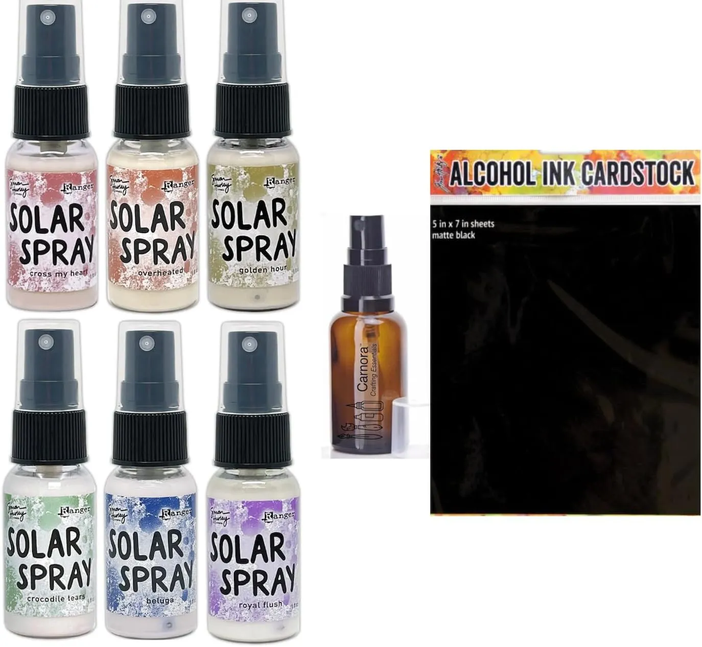 Simon Hurley Solar Sprays, 6 Colors, 1 oz Each, Beluga, Crocodile Tears, Cross My Heart, Golden Hour, Overheated, Royal Flush, 5 Black Alcohol Ink Cardstock Sheets (5"x7"), Carnora Amber Bottle