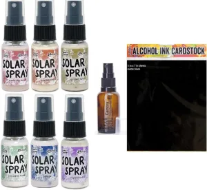 Simon Hurley Solar Sprays, 6 Colors, 1 oz Each, Beluga, Crocodile Tears, Cross My Heart, Golden Hour, Overheated, Royal Flush, 5 Black Alcohol Ink Cardstock Sheets (5"x7"), Carnora Amber Bottle