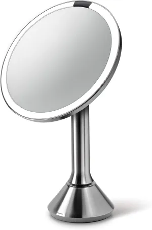simplehuman Sensor Lighted Makeup Vanity Mirror 8" Round, 5X Magnification, Stainless Steel, Rechargeable and Cordless