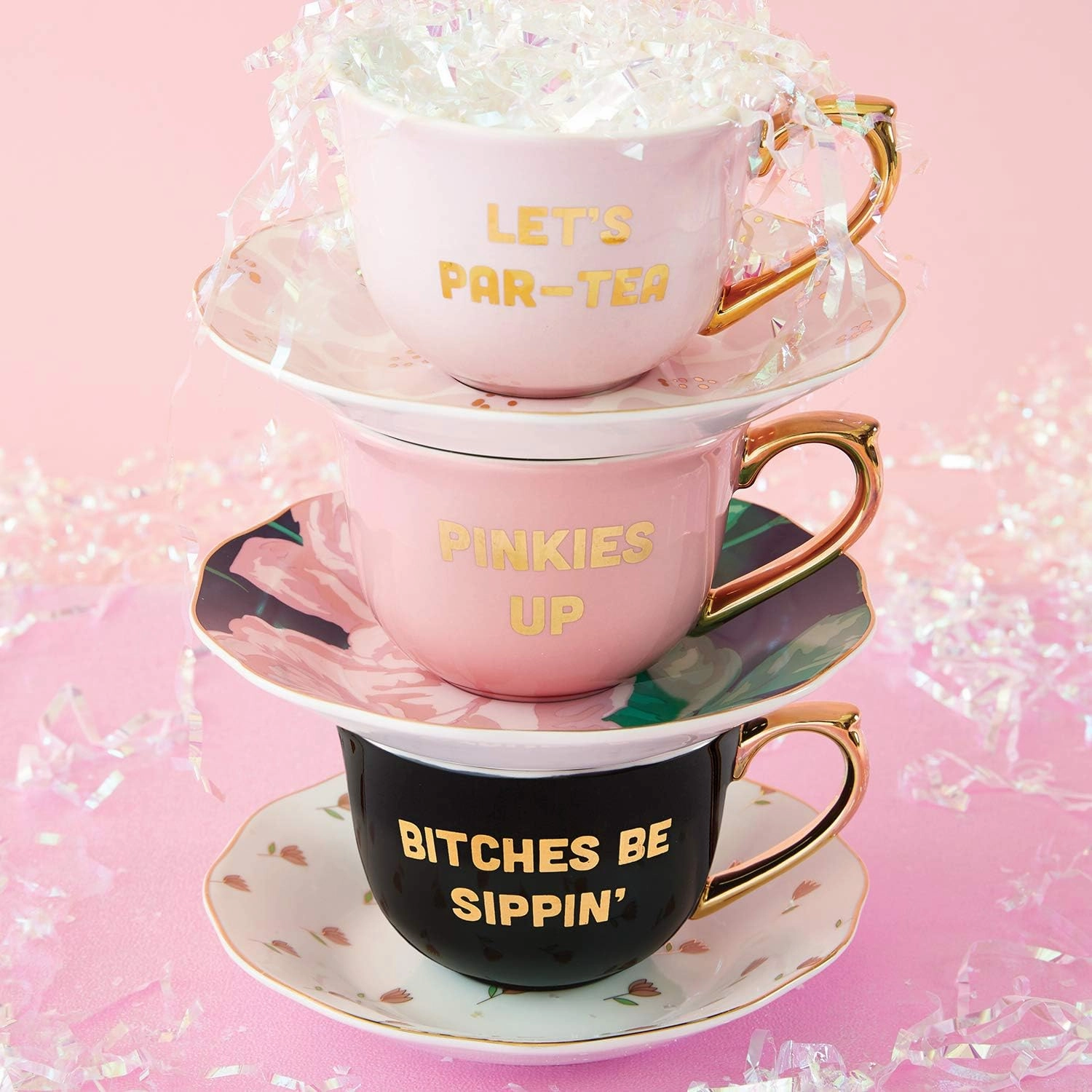 Slant Collections Creative Brands Ceramic Tea Cup and Saucer Set, 5-Ounce, Let's Par-Tea